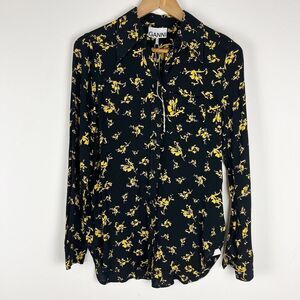 Ganni button down up shirt black yellow floral size 34